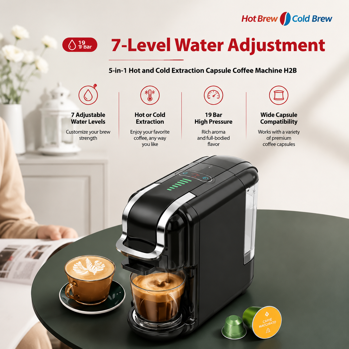 Premium 19 Bar Fully Automatic Italian Coffee Machine 1450W Espresso Maker Multi System Capsule Powder One Touch Coffee Brewer Home Office Use