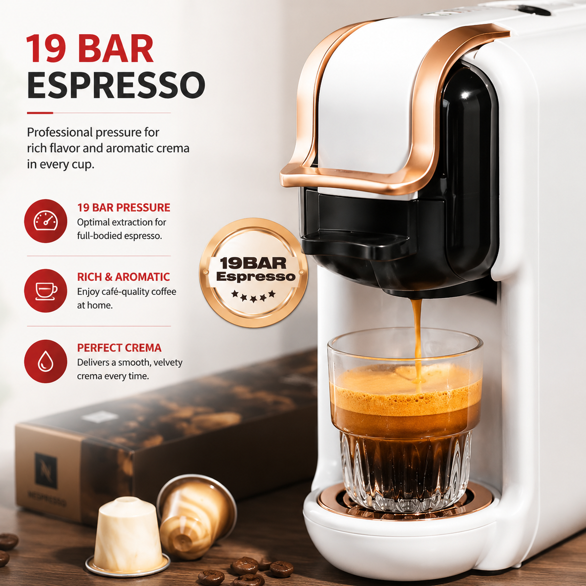Premium 19 Bar Fully Automatic Italian Coffee Machine 1450W Espresso Maker Multi System Capsule Powder One Touch Coffee Brewer Home Office Use