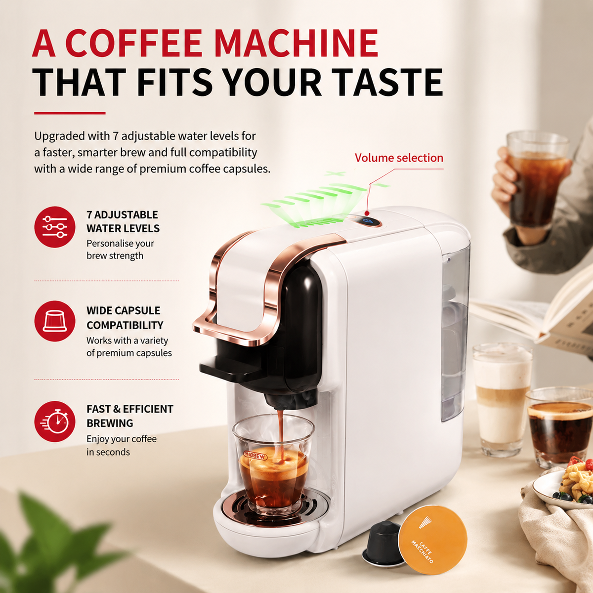 Premium 19 Bar Fully Automatic Italian Coffee Machine 1450W Espresso Maker Multi System Capsule Powder One Touch Coffee Brewer Home Office Use