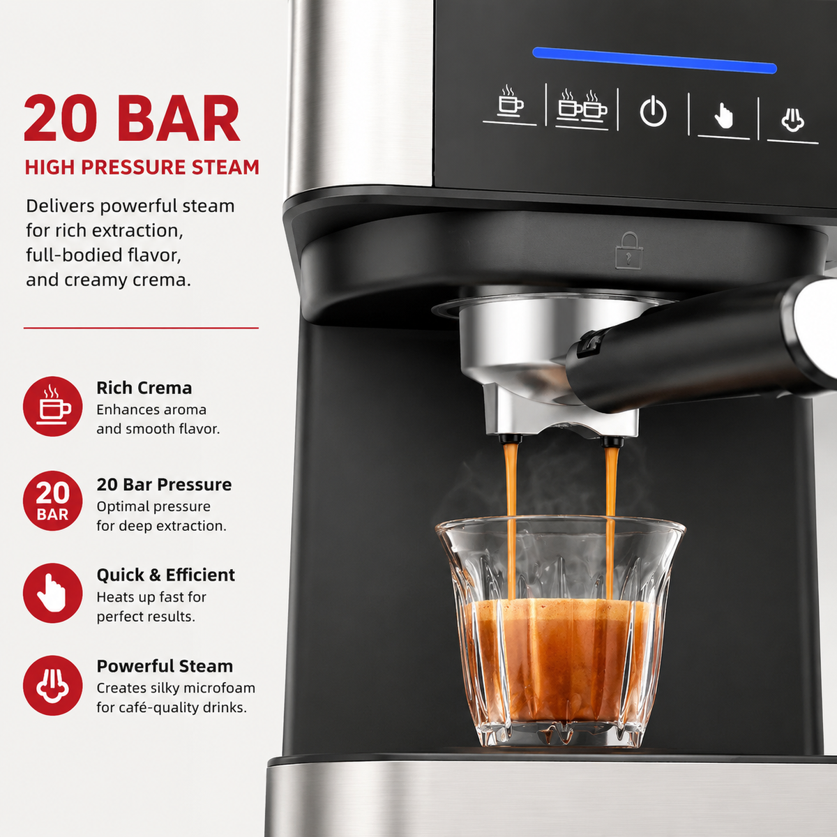 Premium 20 Bar Automatic Espresso Machine Dual Heating Stainless Steel Boiler Industrial Coffee Maker 850W Steam Wand Home Office Use Espresso System