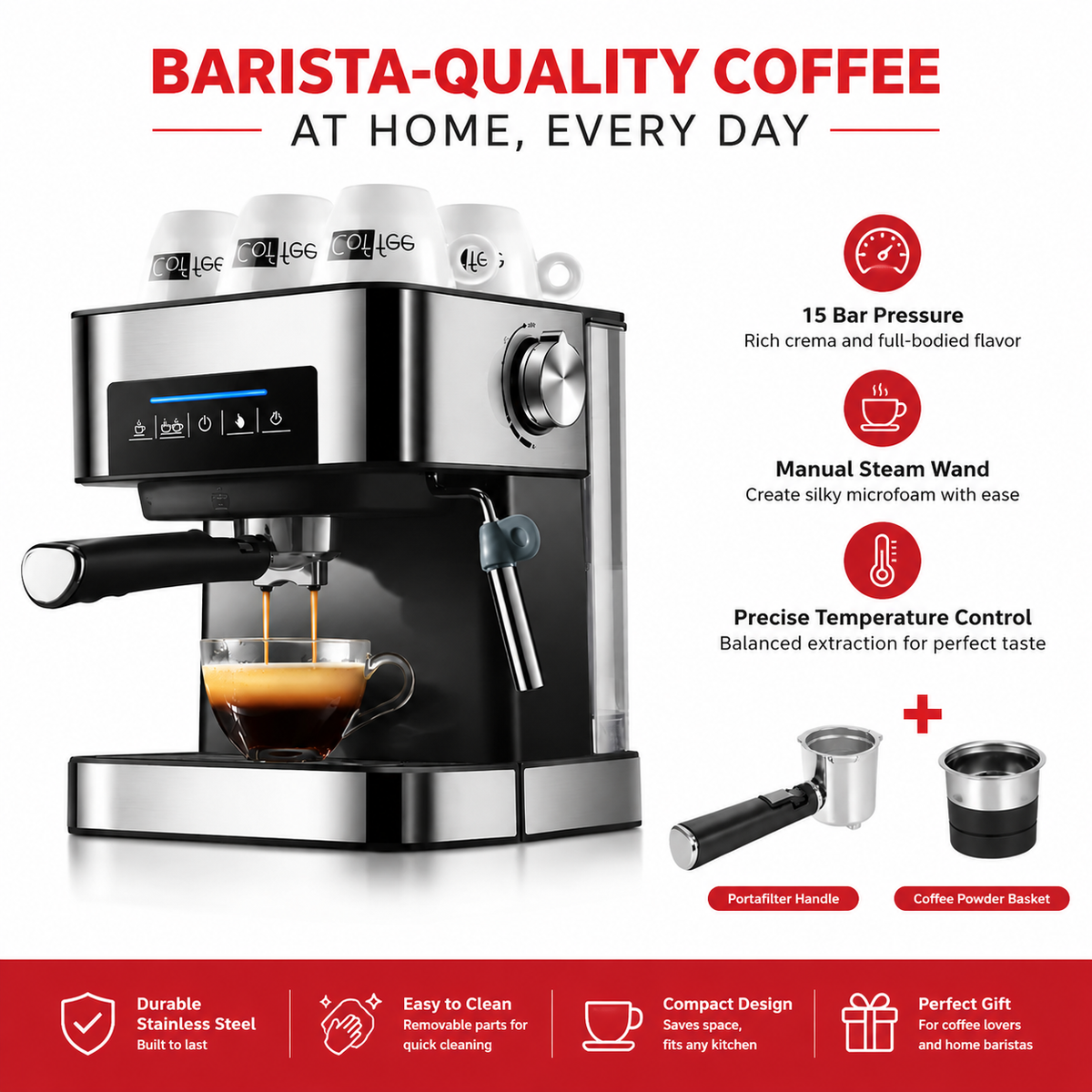 Premium 20 Bar Automatic Espresso Machine Dual Heating Stainless Steel Boiler Industrial Coffee Maker 850W Steam Wand Home Office Use Espresso System