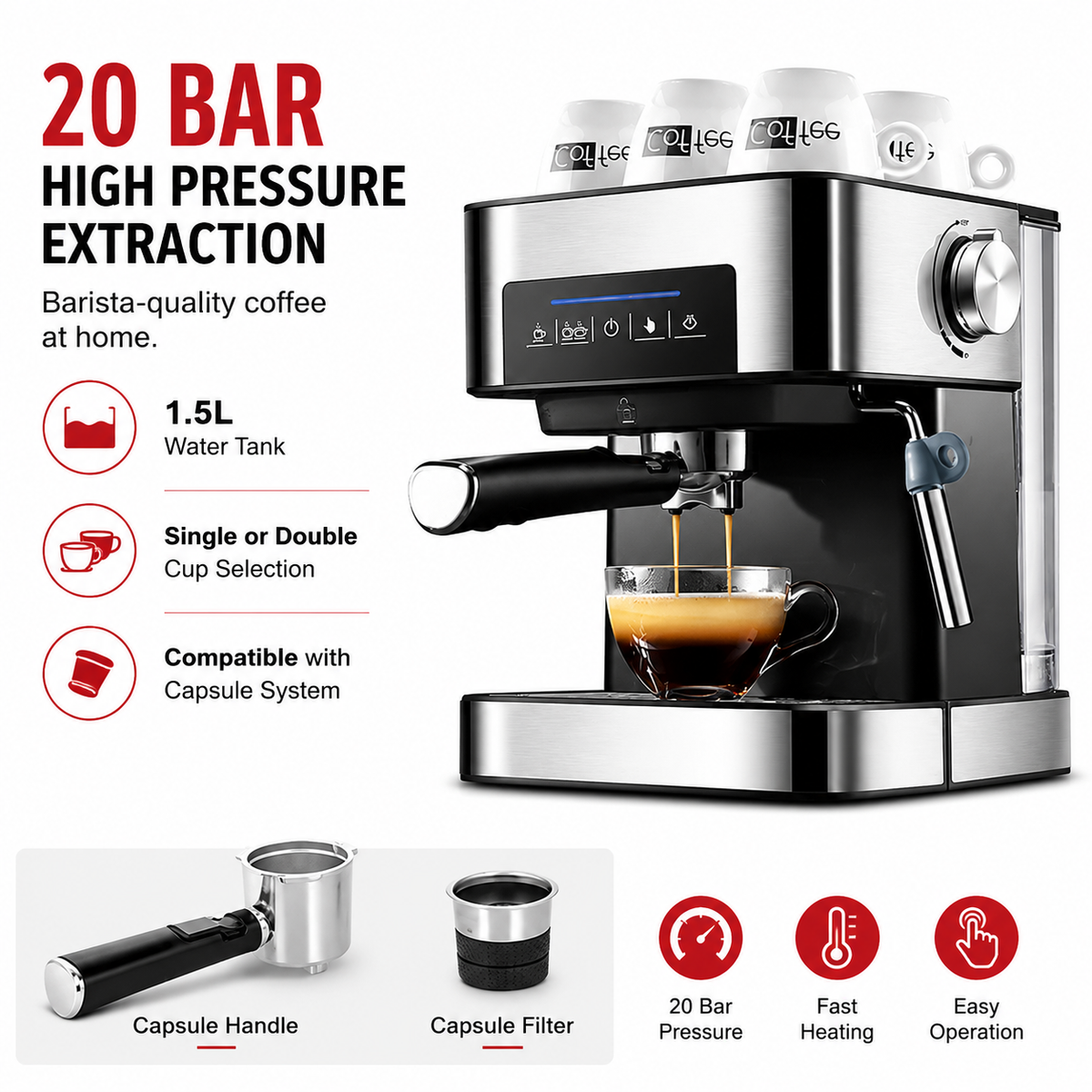 Premium 20 Bar Automatic Espresso Machine Dual Heating Stainless Steel Boiler Industrial Coffee Maker 850W Steam Wand Home Office Use Espresso System
