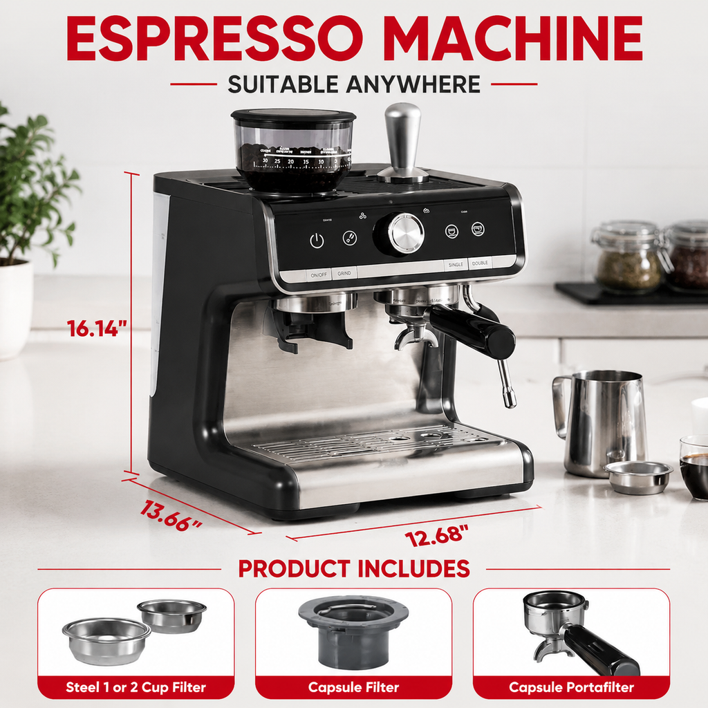 Premium 20 Bar Espresso Machine with Integrated Grinder 1450W Professional Barista Coffee Maker Conical Burr Grinder Steam Wand PID Temperature Control Home Use