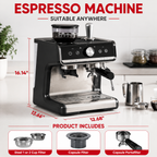Premium 20 Bar Espresso Machine with Integrated Grinder 1450W Professional Barista Coffee Maker Conical Burr Grinder Steam Wand PID Temperature Control Home Use