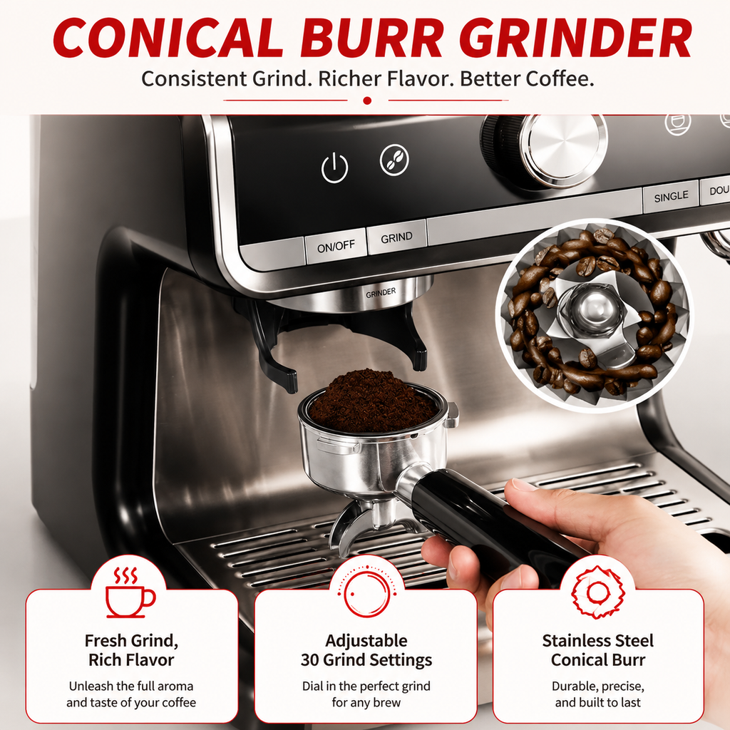 Premium 20 Bar Espresso Machine with Integrated Grinder 1450W Professional Barista Coffee Maker Conical Burr Grinder Steam Wand PID Temperature Control Home Use
