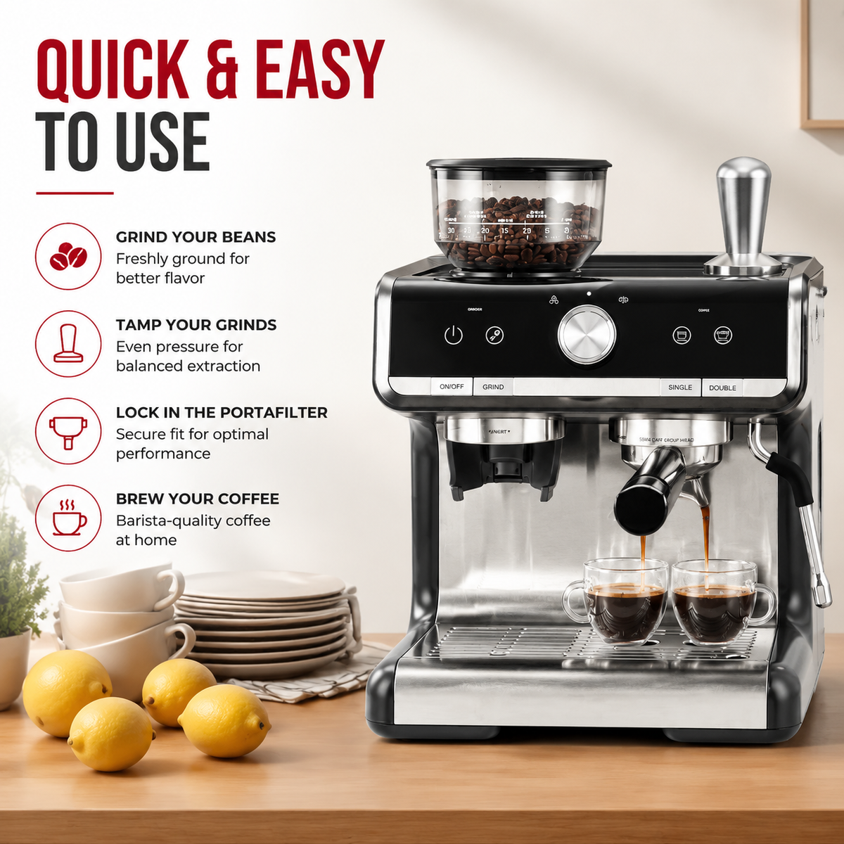 Premium 20 Bar Espresso Machine with Integrated Grinder 1450W Professional Barista Coffee Maker Conical Burr Grinder Steam Wand PID Temperature Control Home Use
