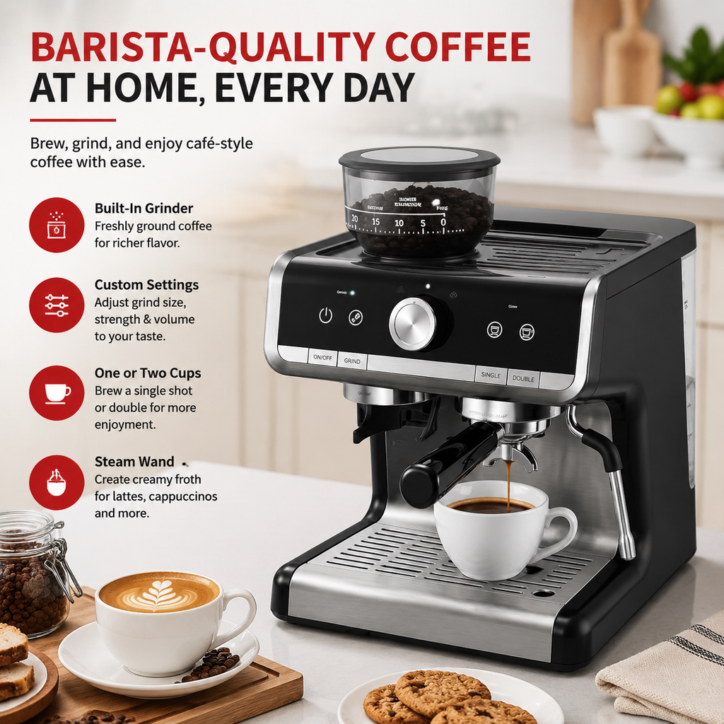 Premium 20 Bar Espresso Machine with Integrated Grinder 1450W Professional Barista Coffee Maker Conical Burr Grinder Steam Wand PID Temperature Control Home Use