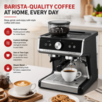 Premium 20 Bar Espresso Machine with Integrated Grinder 1450W Professional Barista Coffee Maker Conical Burr Grinder Steam Wand PID Temperature Control Home Use
