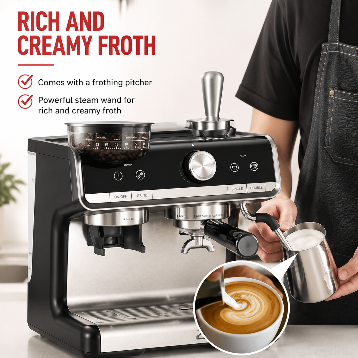 Premium 20 Bar Espresso Machine with Integrated Grinder 1450W Professional Barista Coffee Maker Conical Burr Grinder Steam Wand PID Temperature Control Home Use