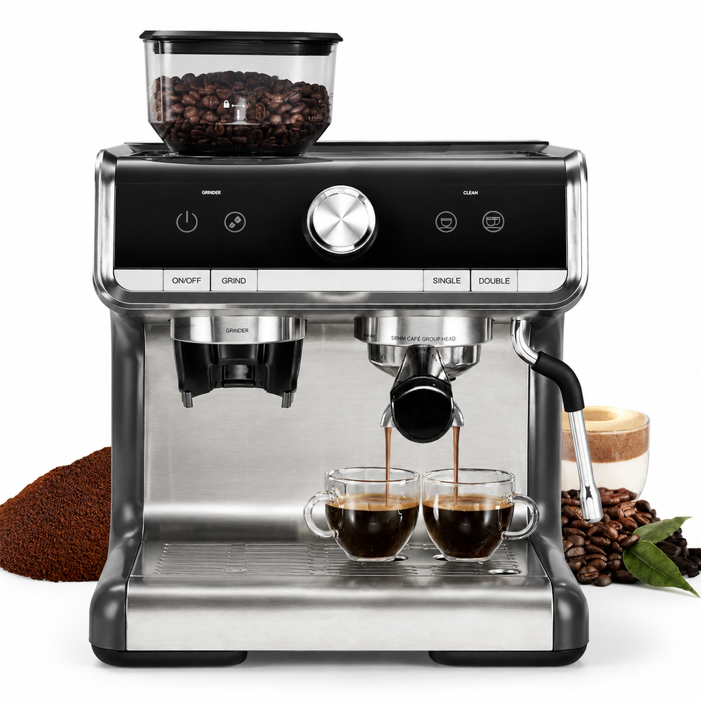 Premium 20 Bar Espresso Machine with Integrated Grinder 1450W Professional Barista Coffee Maker Conical Burr Grinder Steam Wand PID Temperature Control Home Use