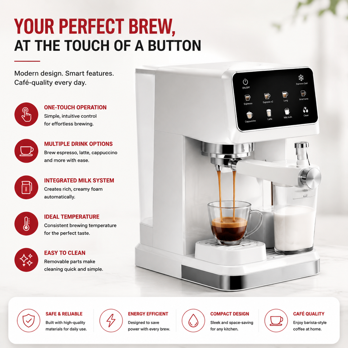Premium 20 Bar Semi Automatic Espresso Machine 1350W Coffee Maker Stainless Steel 1.5L Water Tank Milk Frother One Touch Cleaning Home Office Use