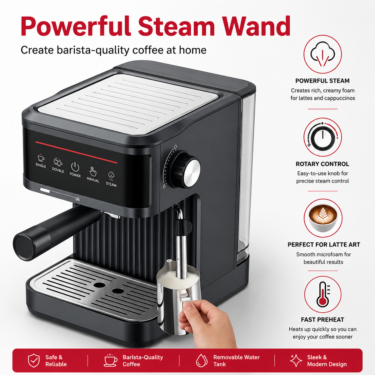 Premium 20 Bar Semi Automatic Espresso Machine 800W Cappuccino Coffee Maker Milk Frother Dual Cup 1.8L Water Tank Home Office Espresso Machine