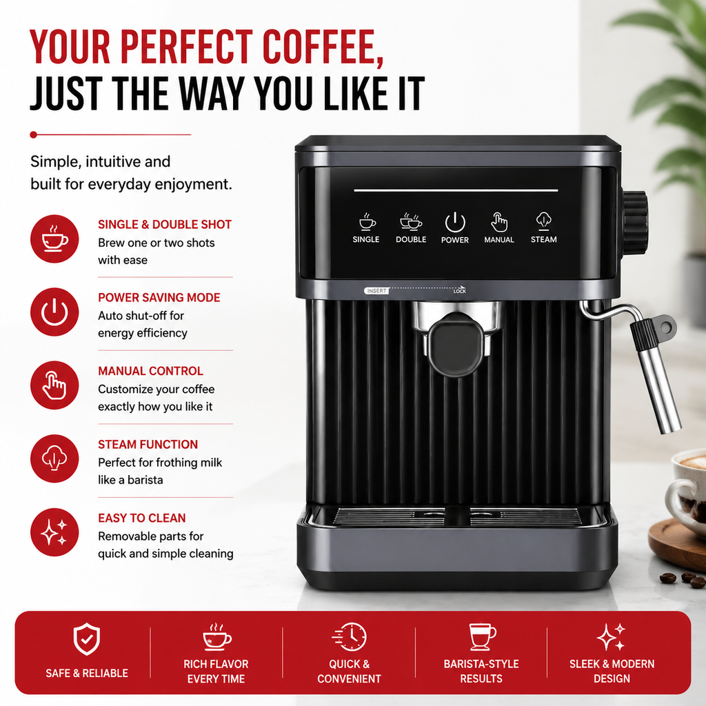Premium 20 Bar Semi Automatic Espresso Machine 800W Cappuccino Coffee Maker Milk Frother Dual Cup 1.8L Water Tank Home Office Espresso Machine