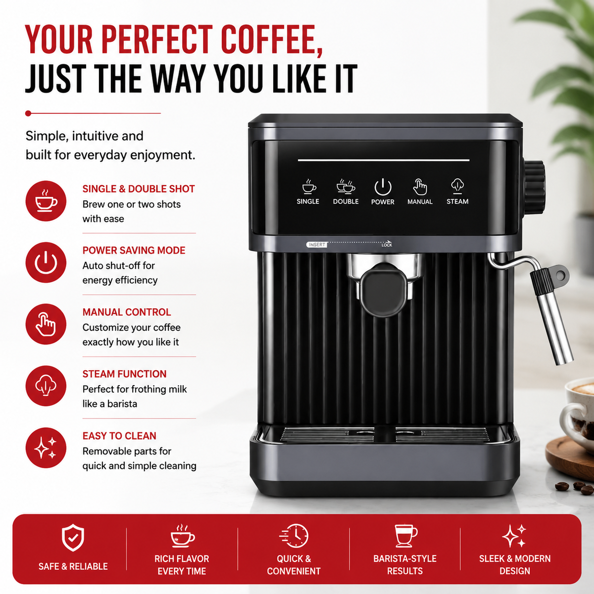 Premium 20 Bar Semi Automatic Espresso Machine 800W Cappuccino Coffee Maker Milk Frother Dual Cup 1.8L Water Tank Home Office Espresso Machine