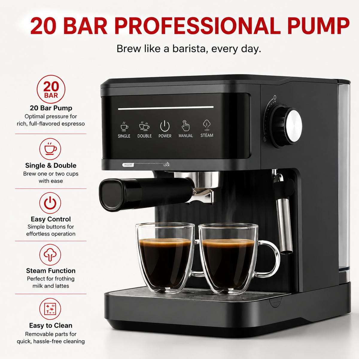 Premium 20 Bar Semi Automatic Espresso Machine 800W Cappuccino Coffee Maker Milk Frother Dual Cup 1.8L Water Tank Home Office Espresso Machine