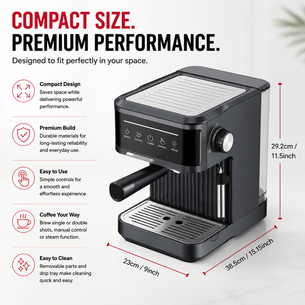Premium 20 Bar Semi Automatic Espresso Machine 800W Cappuccino Coffee Maker Milk Frother Dual Cup 1.8L Water Tank Home Office Espresso Machine