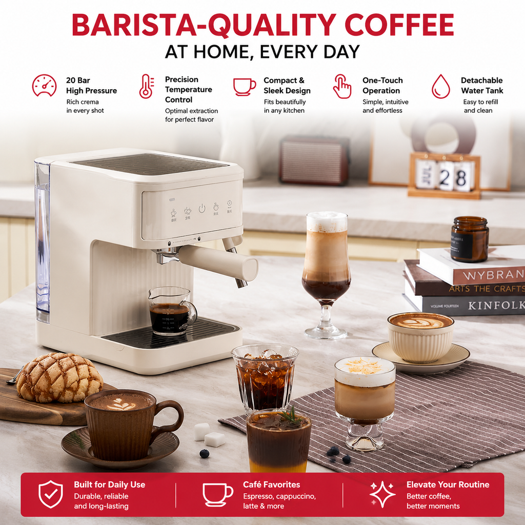 Premium 20 Bar Semi Automatic Espresso Machine 800W Cappuccino Coffee Maker Milk Frother Dual Cup 1.8L Water Tank Home Office Espresso Machine