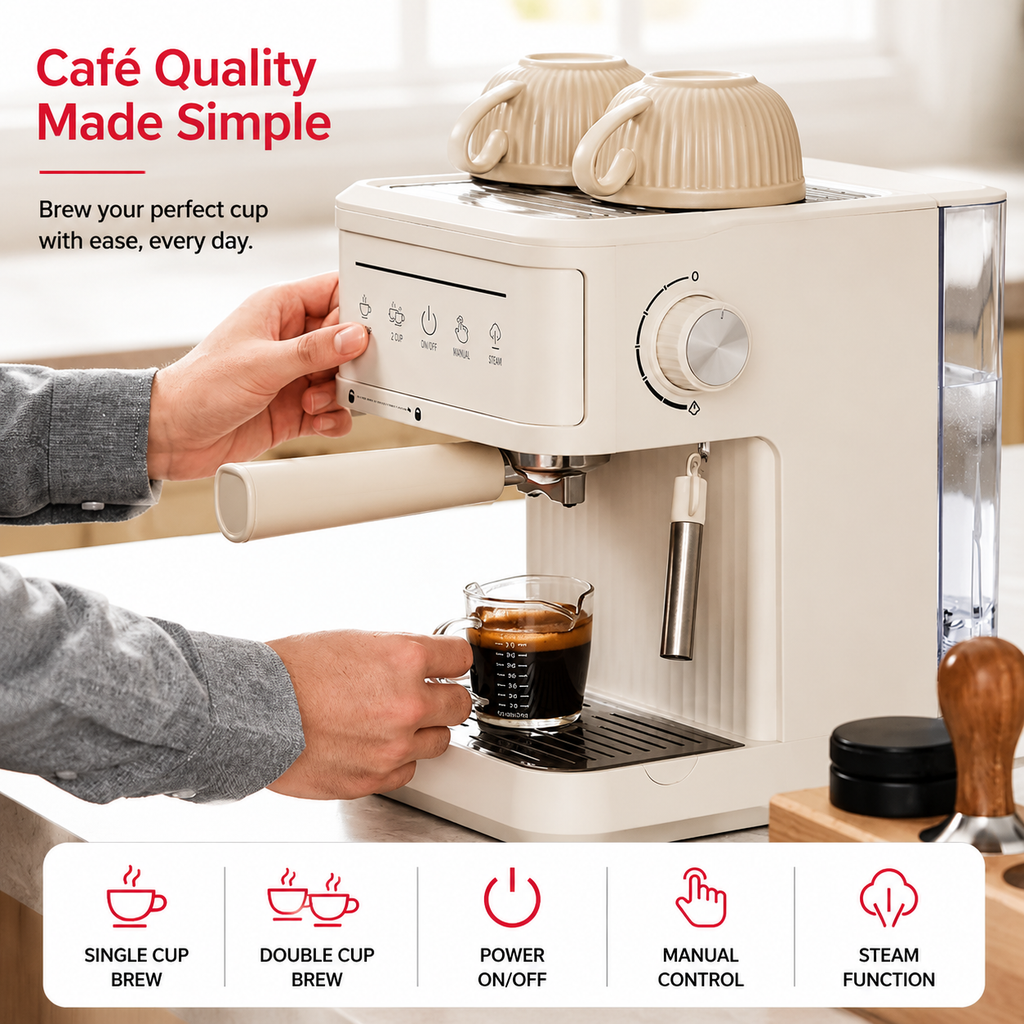 Premium 20 Bar Semi Automatic Espresso Machine 800W Cappuccino Coffee Maker Milk Frother Dual Cup 1.8L Water Tank Home Office Espresso Machine