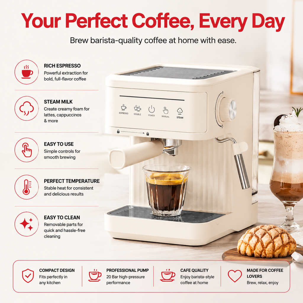 Premium 20 Bar Semi Automatic Espresso Machine 800W Cappuccino Coffee Maker Milk Frother Dual Cup 1.8L Water Tank Home Office Espresso Machine