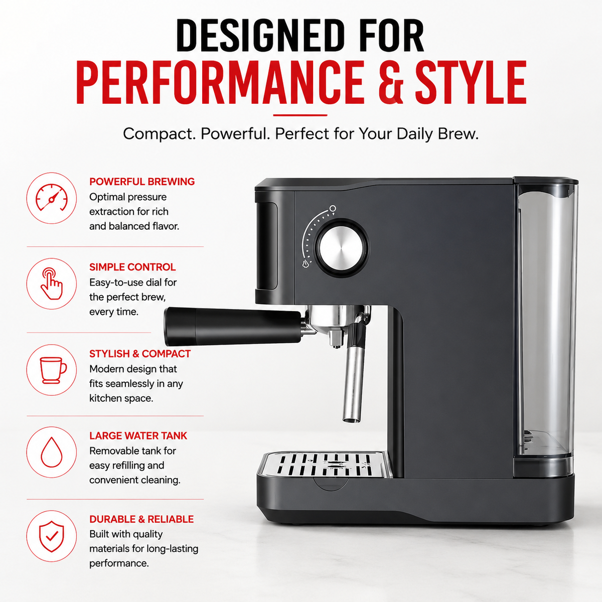 Premium 20 Bar Semi Automatic Espresso Machine 800W Cappuccino Coffee Maker Milk Frother Dual Cup 1.8L Water Tank Home Office Espresso Machine