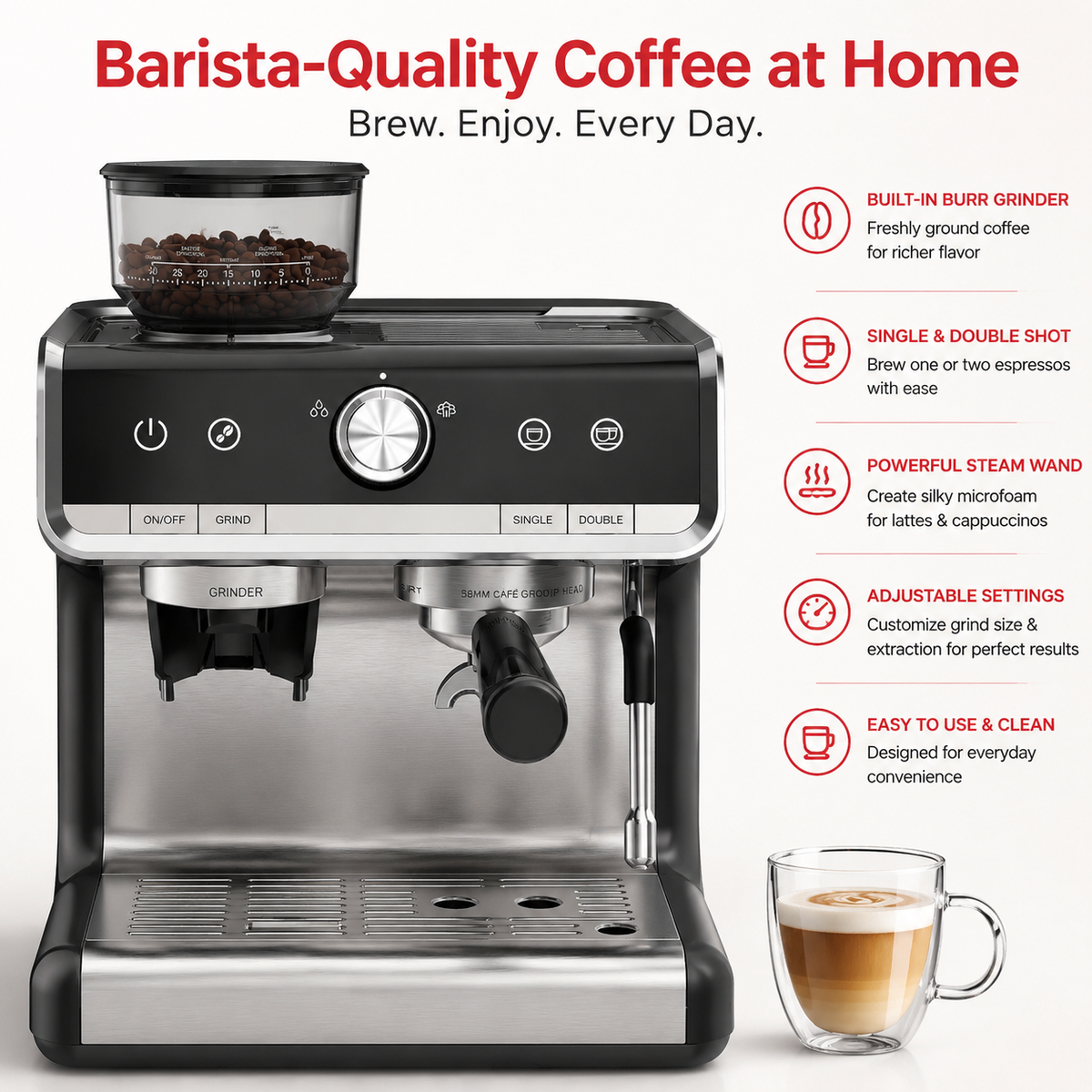 Premium 20 Bar Semi-Automatic Espresso Machine with Built-In Grinder 1450W Coffee Maker Conical Burr Grinder Steam Wand Espresso Latte Cappuccino Machine Home Use
