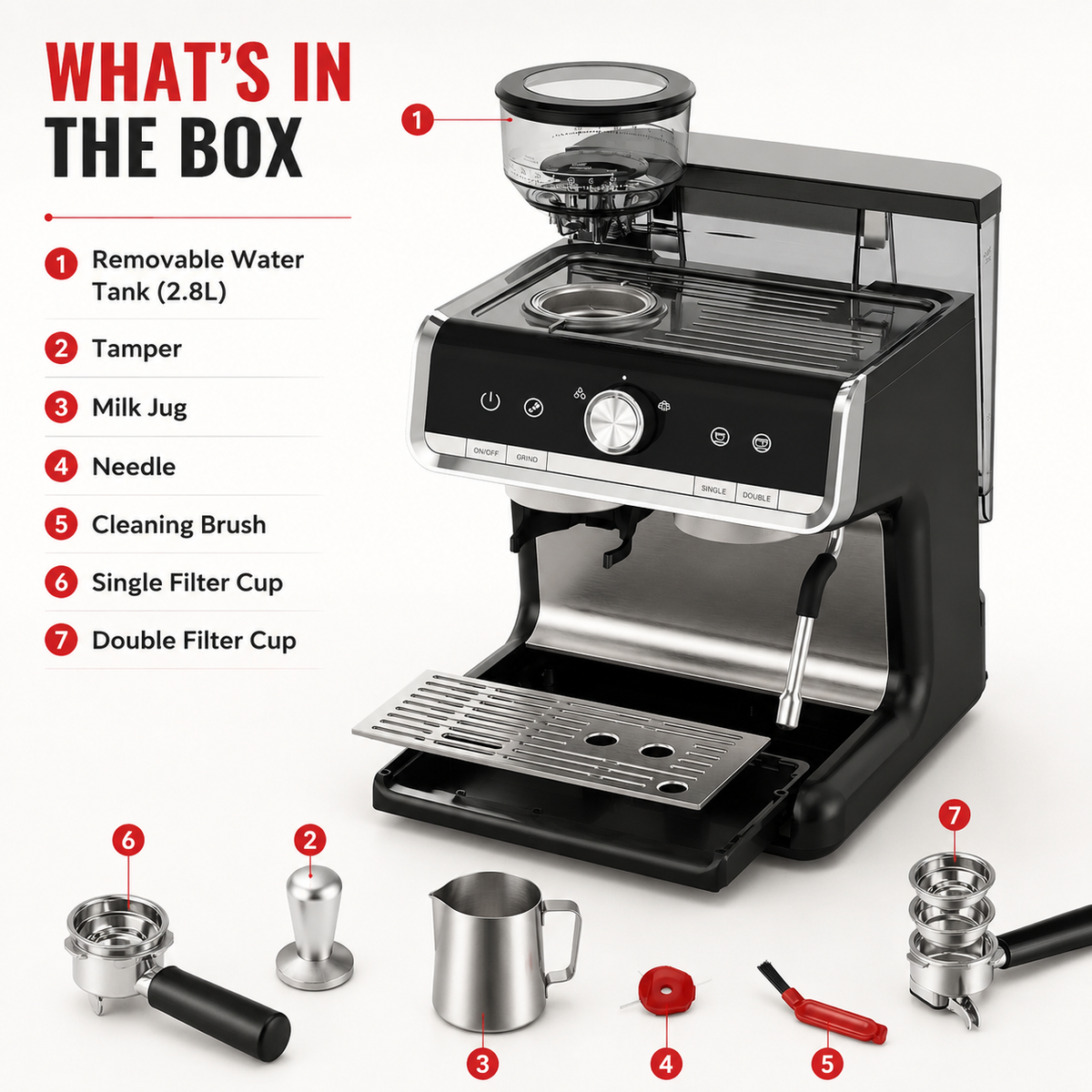 Premium 20 Bar Semi-Automatic Espresso Machine with Built-In Grinder 1450W Coffee Maker Conical Burr Grinder Steam Wand Espresso Latte Cappuccino Machine Home Use