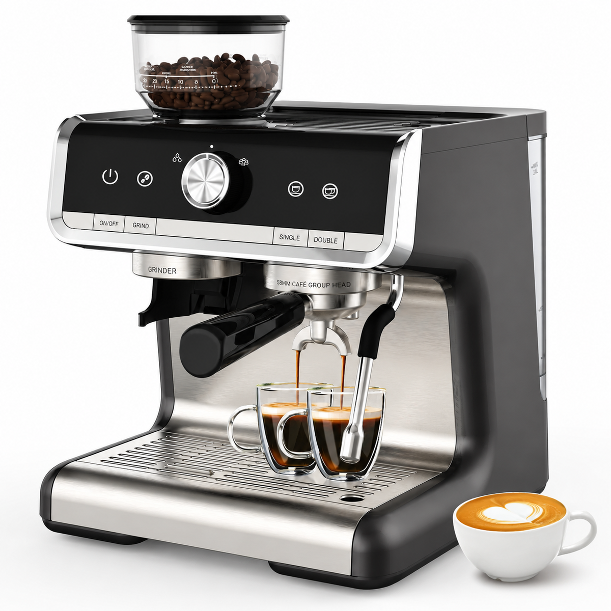 Premium 20 Bar Semi-Automatic Espresso Machine with Built-In Grinder 1450W Coffee Maker Conical Burr Grinder Steam Wand Espresso Latte Cappuccino Machine Home Use
