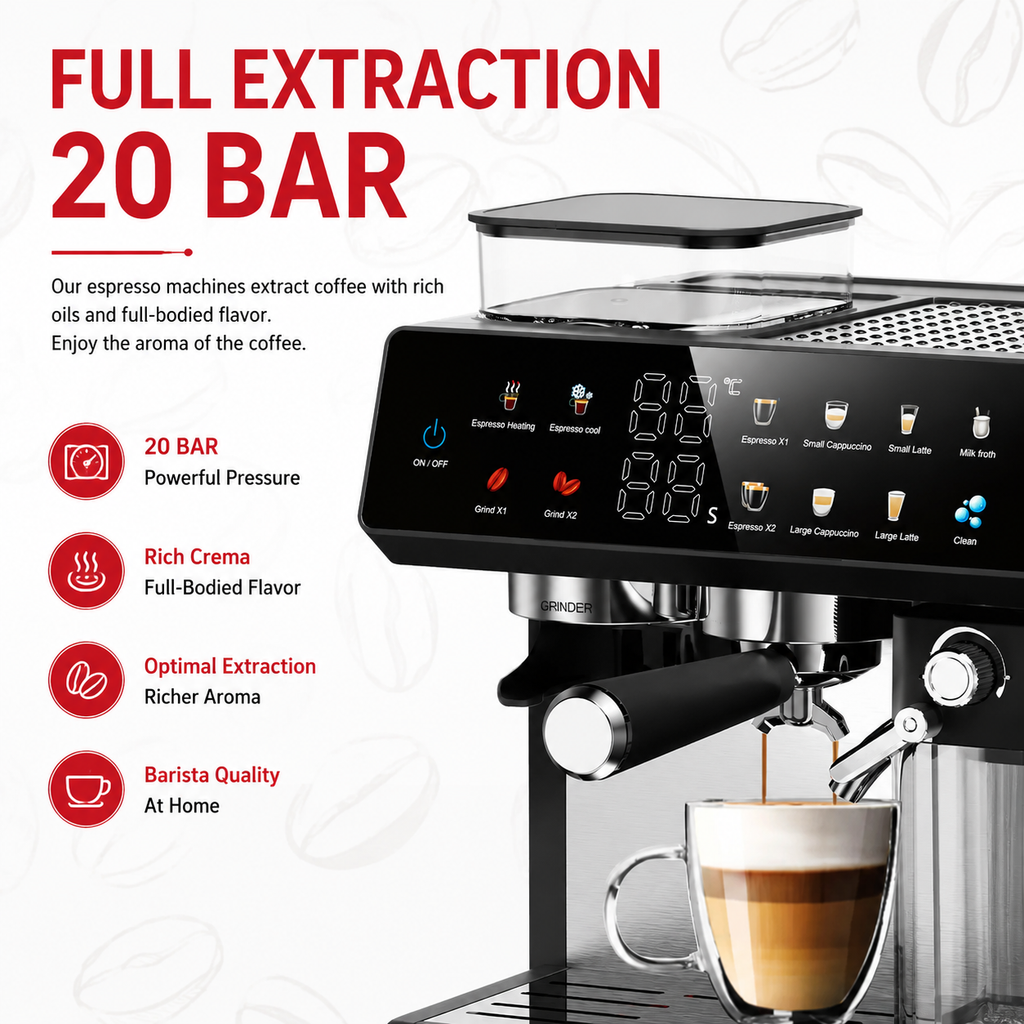 Premium 220V Semi Automatic Espresso Coffee Machine Built In Grinder Coffee Maker Bean to Cup Espresso Brewer Home Commercial Use 5 Cup Capacity