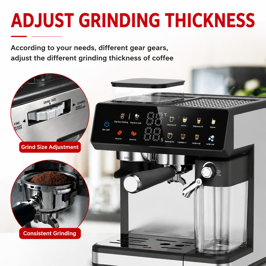 Premium 220V Semi Automatic Espresso Coffee Machine Built In Grinder Coffee Maker Bean to Cup Espresso Brewer Home Commercial Use 5 Cup Capacity