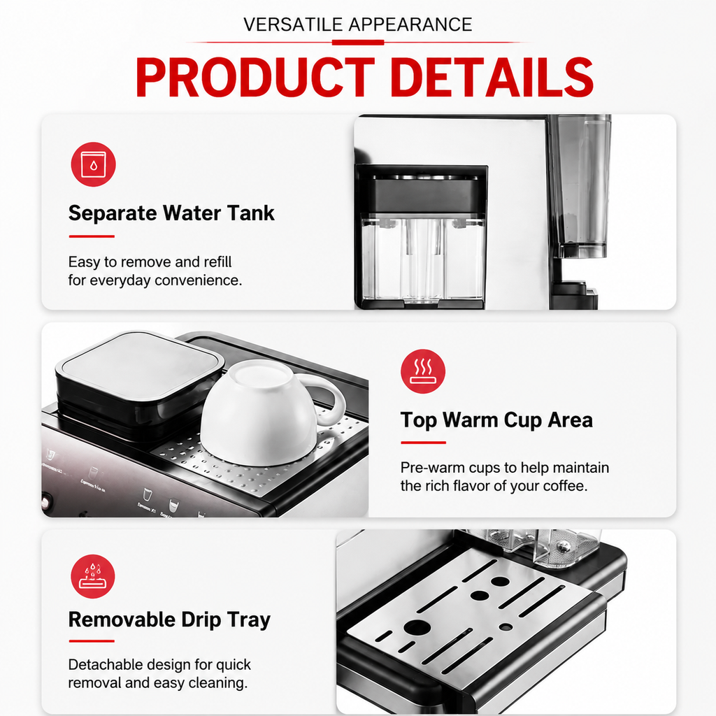 Premium 220V Semi Automatic Espresso Coffee Machine Built In Grinder Coffee Maker Bean to Cup Espresso Brewer Home Commercial Use 5 Cup Capacity