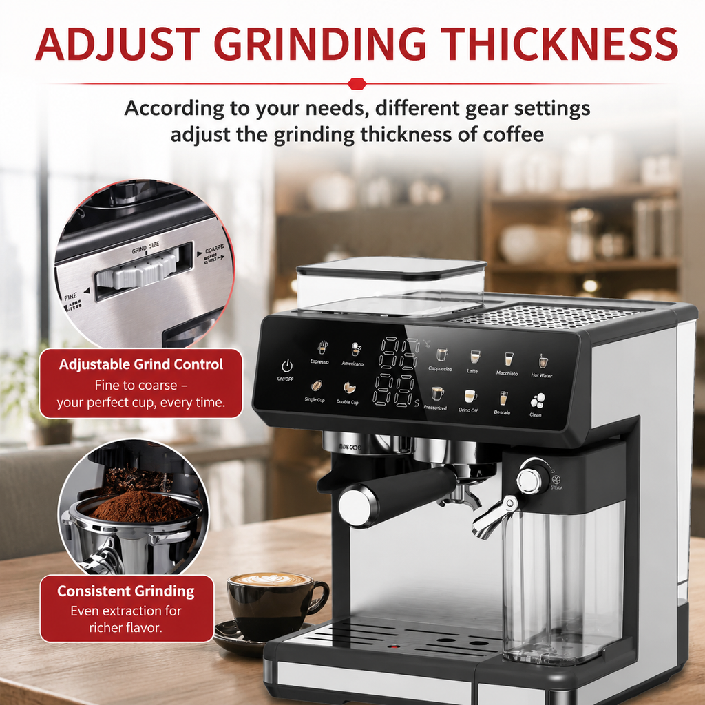 Premium 220V Semi Automatic Espresso Coffee Machine Built In Grinder Coffee Maker Bean to Cup Espresso Brewer Home Commercial Use 5 Cup Capacity
