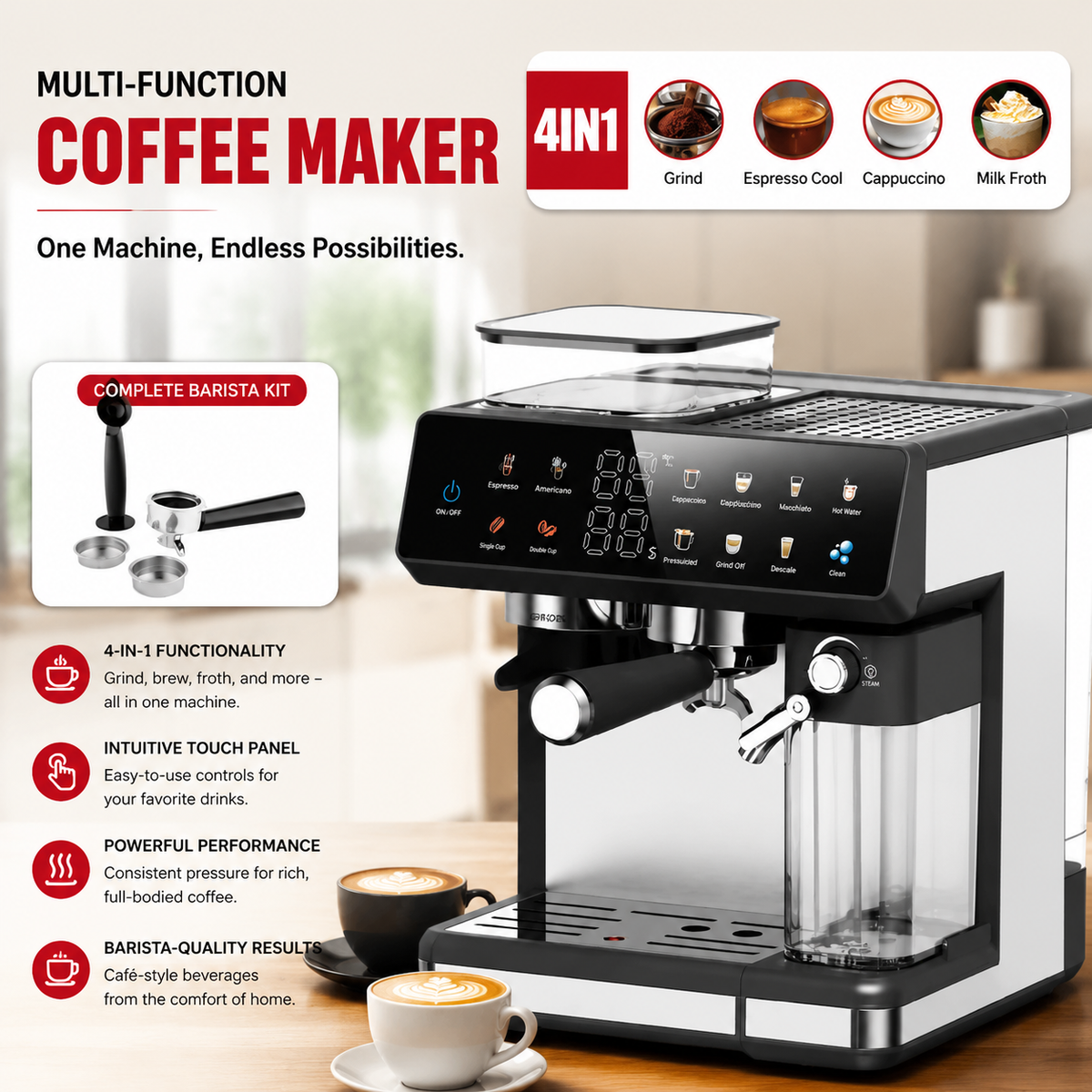 Premium 220V Semi Automatic Espresso Coffee Machine Built In Grinder Coffee Maker Bean to Cup Espresso Brewer Home Commercial Use 5 Cup Capacity