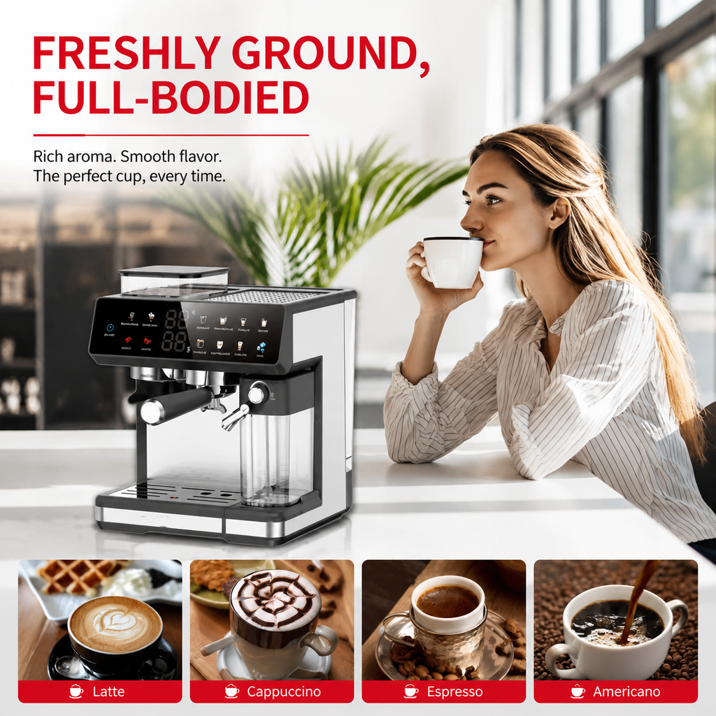 Premium 220V Semi Automatic Espresso Coffee Machine Built In Grinder Coffee Maker Bean to Cup Espresso Brewer Home Commercial Use 5 Cup Capacity