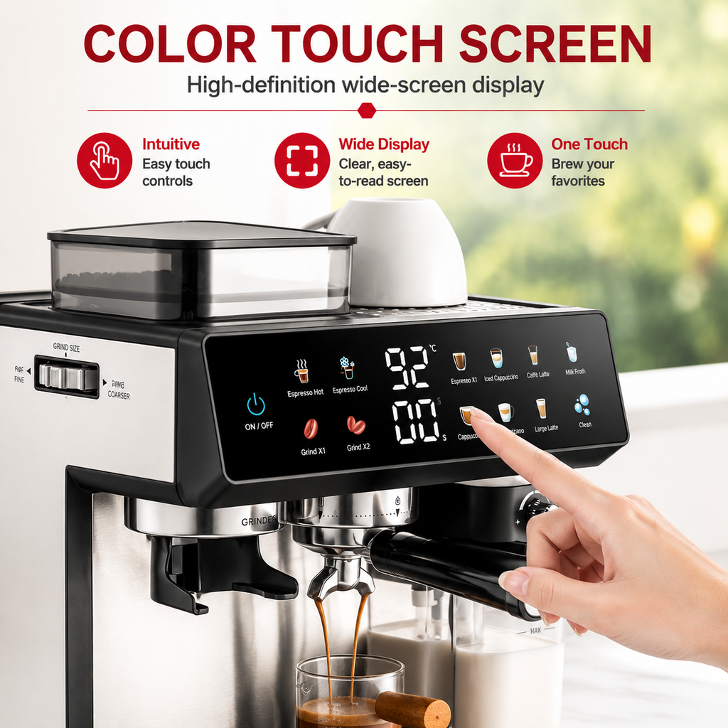 Premium 220V Semi Automatic Espresso Coffee Machine Built In Grinder Coffee Maker Bean to Cup Espresso Brewer Home Commercial Use 5 Cup Capacity