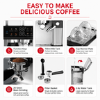Premium 220V Semi Automatic Espresso Coffee Machine Built In Grinder Coffee Maker Bean to Cup Espresso Brewer Home Commercial Use 5 Cup Capacity
