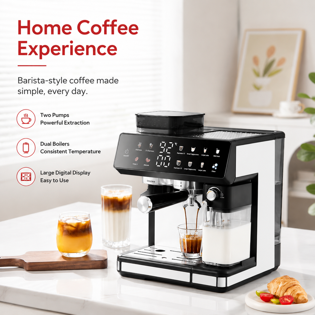 Premium 220V Semi Automatic Espresso Coffee Machine Built In Grinder Coffee Maker Bean to Cup Espresso Brewer Home Commercial Use 5 Cup Capacity