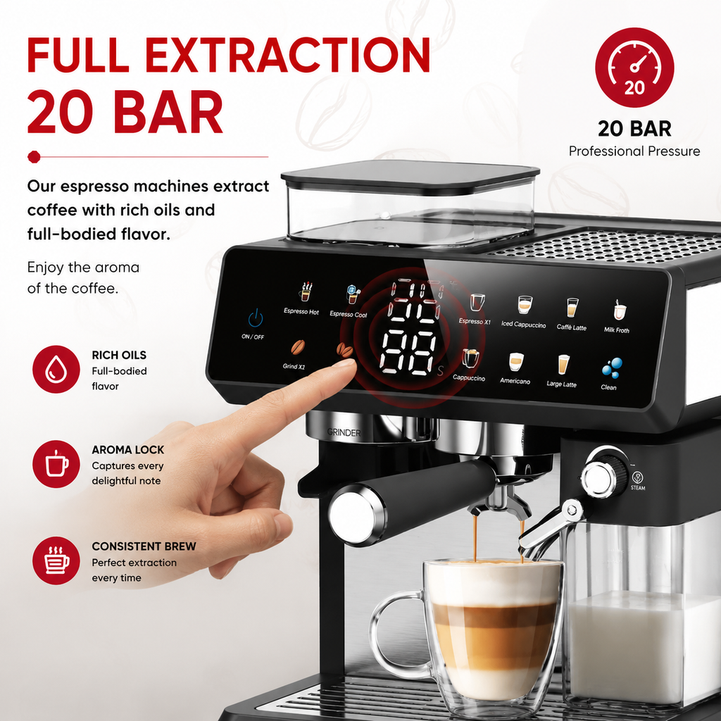 Premium 220V Semi Automatic Espresso Coffee Machine Built In Grinder Coffee Maker Bean to Cup Espresso Brewer Home Commercial Use 5 Cup Capacity
