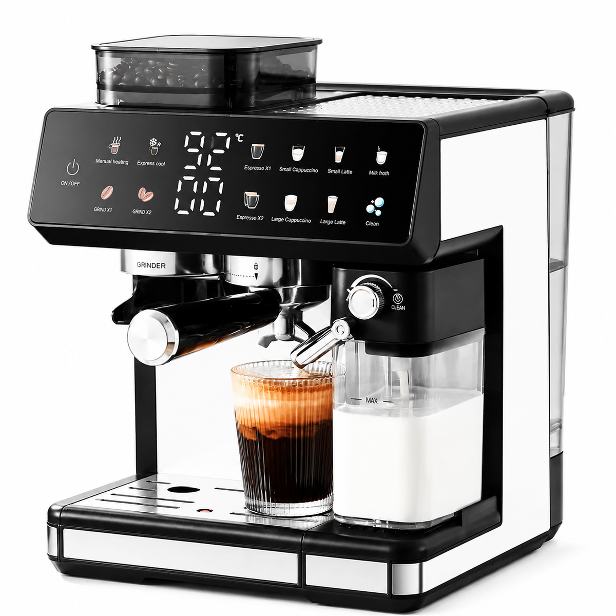 Premium 220V Semi Automatic Espresso Coffee Machine Built In Grinder Coffee Maker Bean to Cup Espresso Brewer Home Commercial Use 5 Cup Capacity
