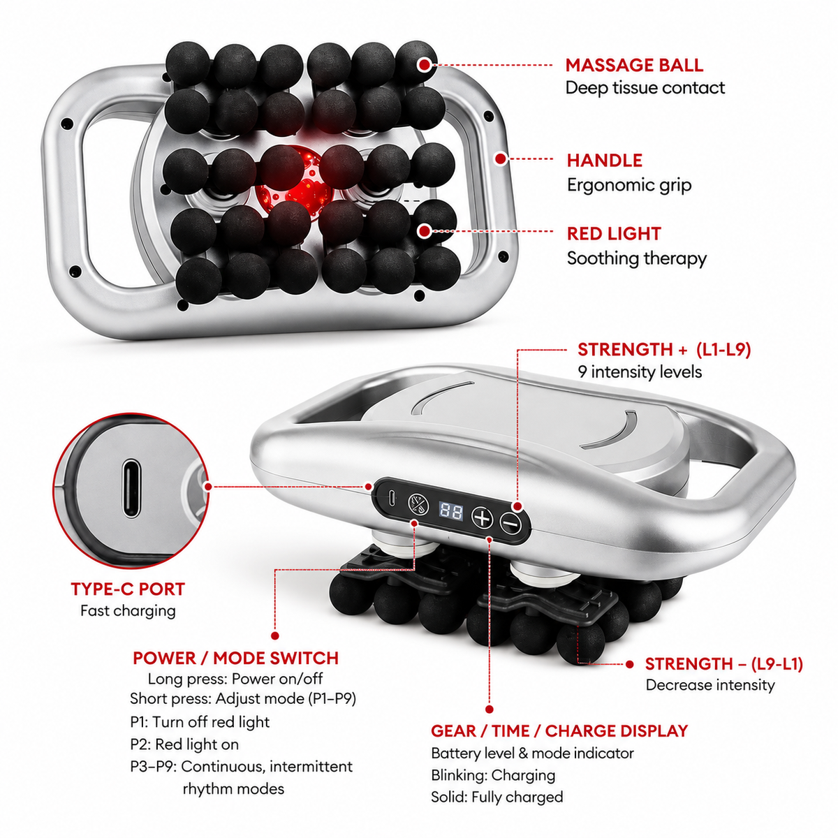 Premium 30 Head Massage Gun High Frequency Vibration Muscle Massager Fascia Therapy Full Body Percussion Device Portable Rechargeable USB-C