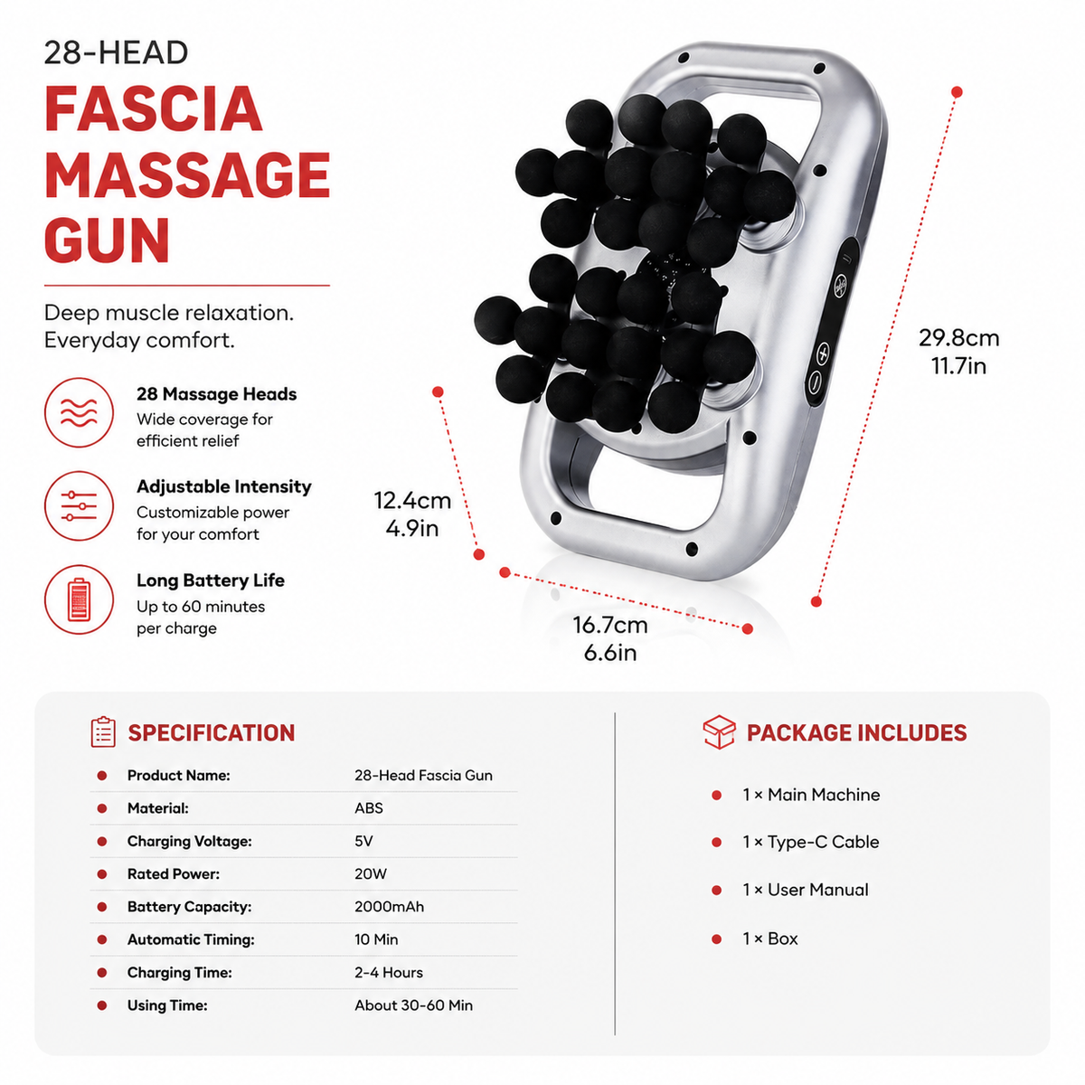 Premium 30 Head Massage Gun High Frequency Vibration Muscle Massager Fascia Therapy Full Body Percussion Device Portable Rechargeable USB-C