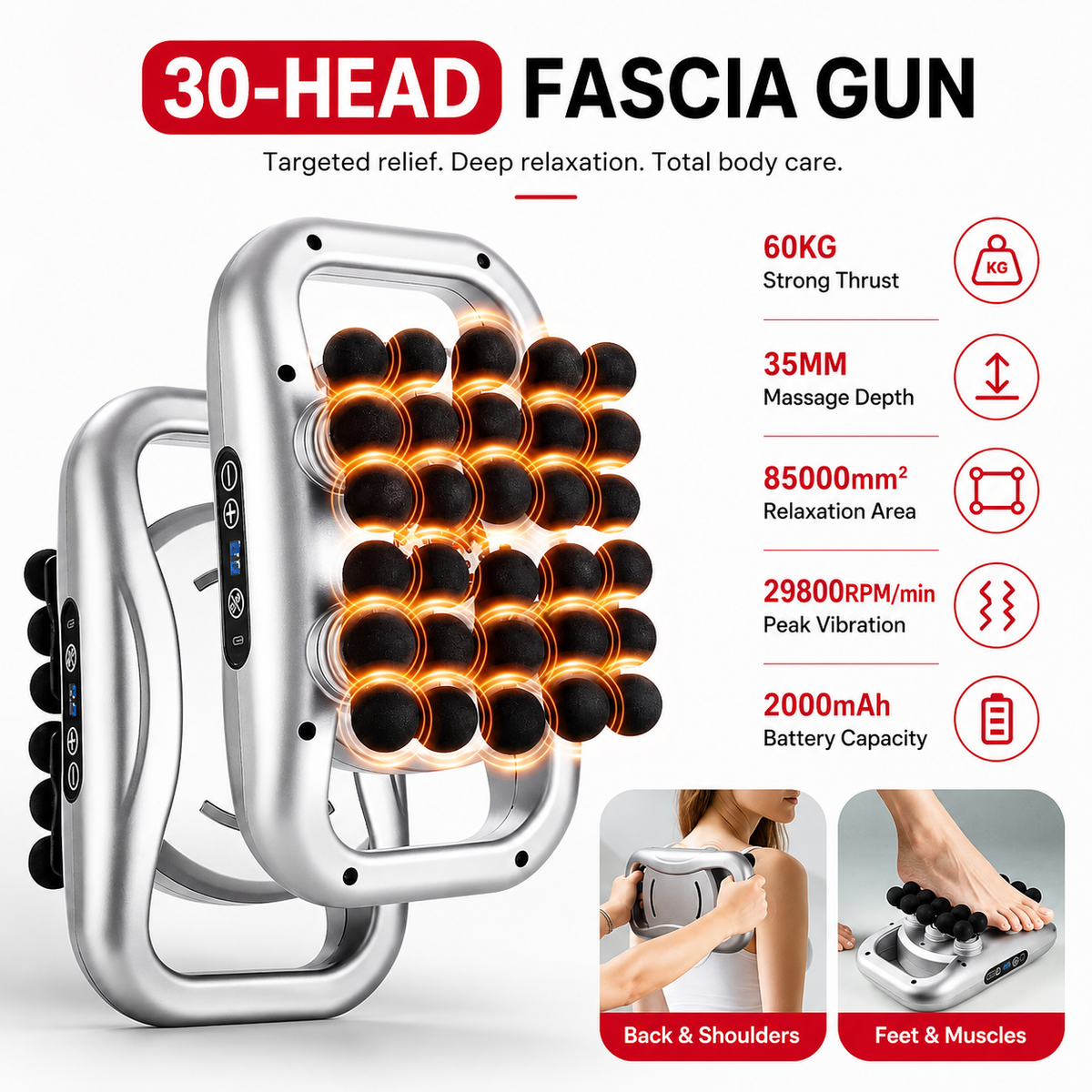 Premium 30 Head Massage Gun High Frequency Vibration Muscle Massager Fascia Therapy Full Body Percussion Device Portable Rechargeable USB-C