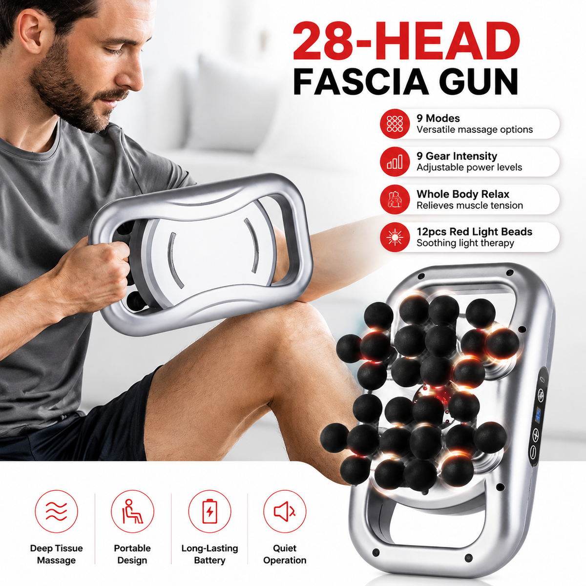 Premium 30 Head Massage Gun High Frequency Vibration Muscle Massager Fascia Therapy Full Body Percussion Device Portable Rechargeable USB-C