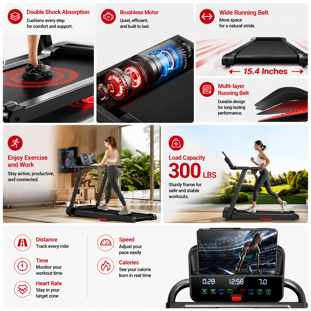 Premium 3.0HP Brushless Foldable Treadmill 300 lb Capacity Home Running Machine with Dual Shock Absorption Heart Rate Monitor Bluetooth LED Console