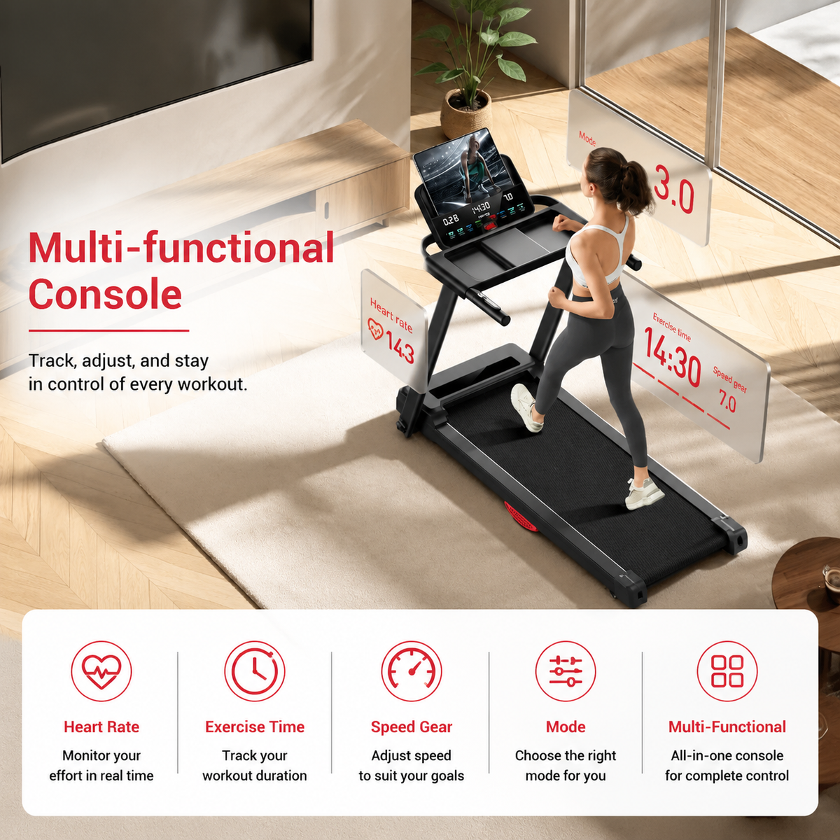 Premium 3.0HP Brushless Foldable Treadmill 300 lb Capacity Home Running Machine with Dual Shock Absorption Heart Rate Monitor Bluetooth LED Console