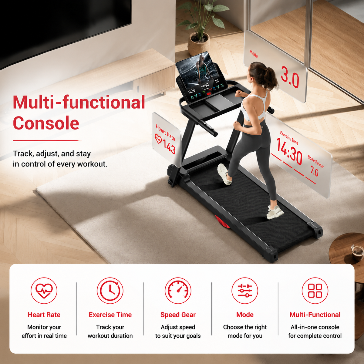 Premium 3.0HP Brushless Foldable Treadmill 300 lb Capacity Home Running Machine with Dual Shock Absorption Heart Rate Monitor Bluetooth LED Console
