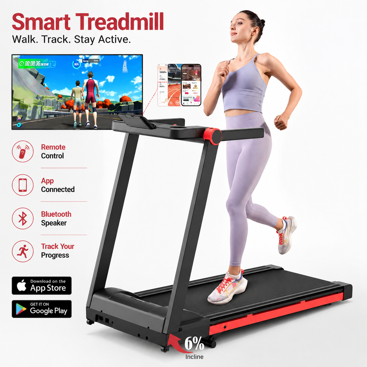 Premium 3.5HP Foldable Incline Treadmill 10MPH Smart App Walking Pad 350 lb Capacity 6% Incline Touch Screen Bluetooth Home Running Machine