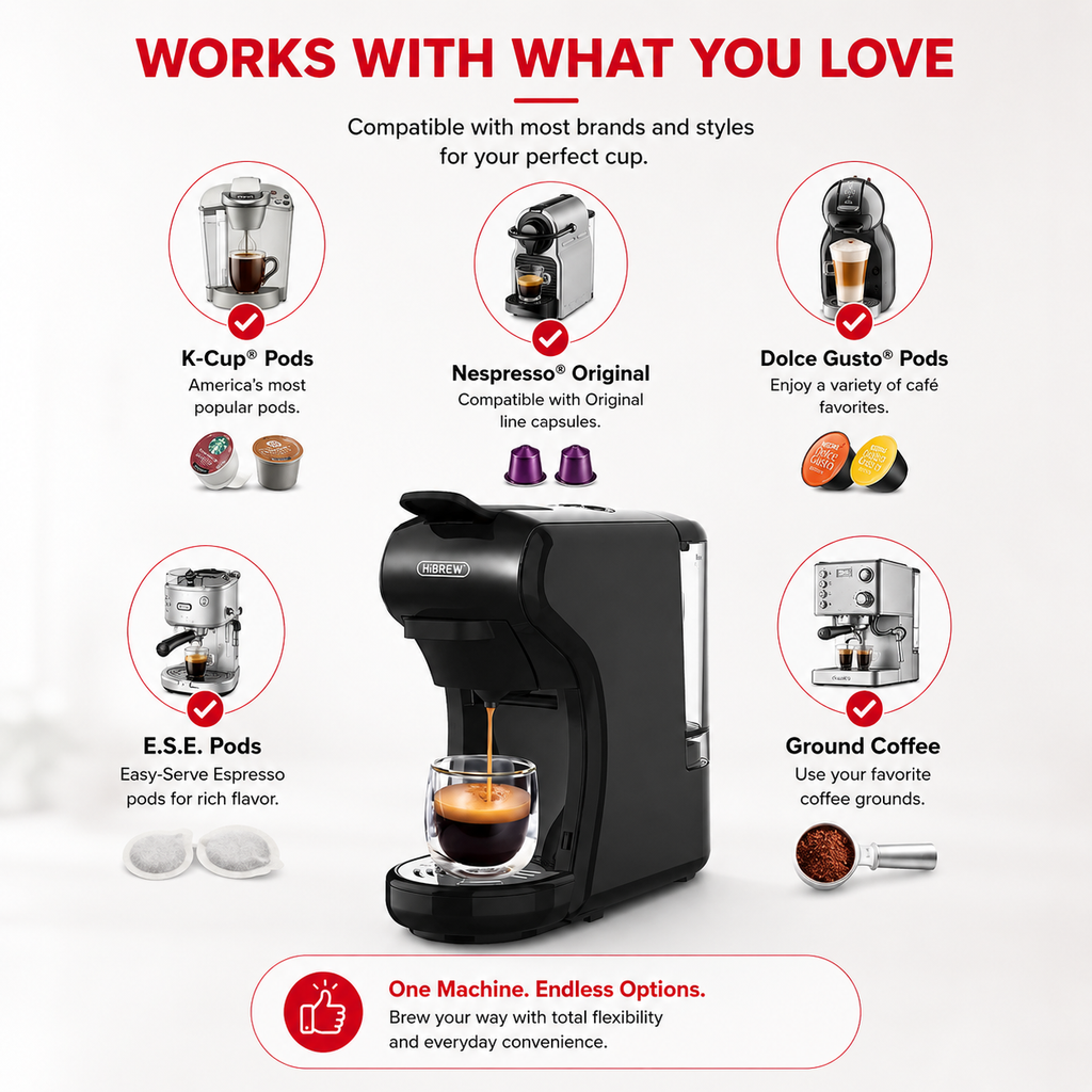 Premium 4-in-1 Capsule Coffee Machine 19 Bar Espresso Maker Compatible with Nespresso Dolce Gusto K-Cup Ground Coffee Hot Cold Brew Compact Coffee Machine