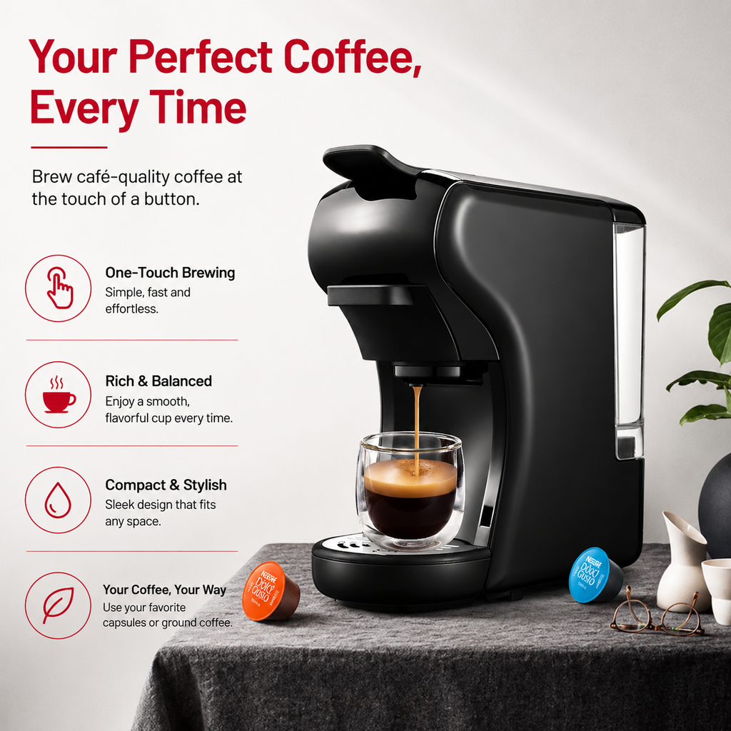Premium 4-in-1 Capsule Coffee Machine 19 Bar Espresso Maker Compatible with Nespresso Dolce Gusto K-Cup Ground Coffee Hot Cold Brew Compact Coffee Machine