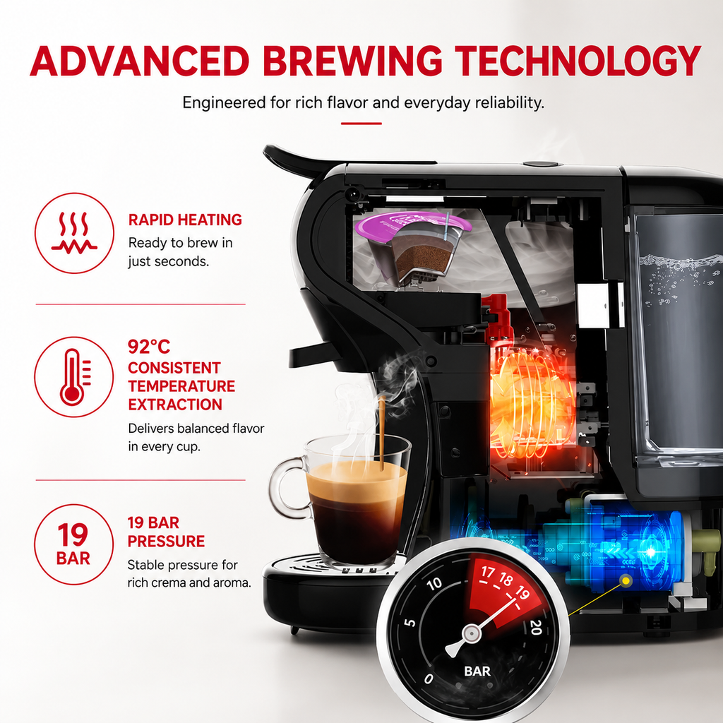 Premium 4-in-1 Capsule Coffee Machine 19 Bar Espresso Maker Compatible with Nespresso Dolce Gusto K-Cup Ground Coffee Hot Cold Brew Compact Coffee Machine