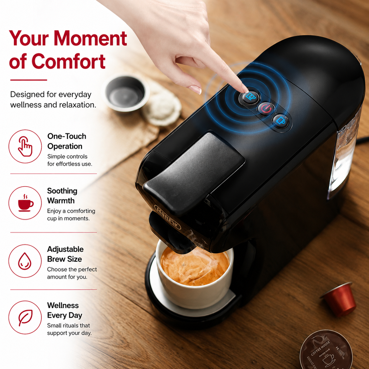 Premium 4-in-1 Capsule Coffee Machine 19 Bar Espresso Maker Compatible with Nespresso Dolce Gusto K-Cup Ground Coffee Hot Cold Brew Compact Coffee Machine